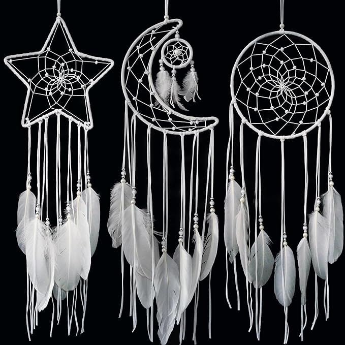 3PCS/LOT Star Moon Sun Shape Dream Catcher Home Decoration, and Baby Kids Room Accessory - Dream Catcher with Feather Decoration - Unique Home Craft Wall Pendant (White)