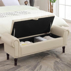 51" Storage Ottoman Bench for Bedroom, Full Queen Storage Bench with Button, Upholstered Bedroom Bench with Rolled Arms for Living Room, Storage Room, Entryway, Beige+Brown Legs