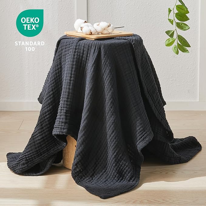 EMME Cotton Muslin Throw Blanket Couch Breathable Gauze Blanket Soft Lightweight Blankets Adults (Black, 50"x60")