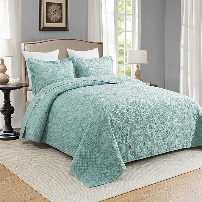 Travan 3-Piece King Quilt Set Quilted Bedspread Oversized Microfiber Lightweight Bedspread Coverlet Set with Shams Bedding Set for All Season, Blue, King