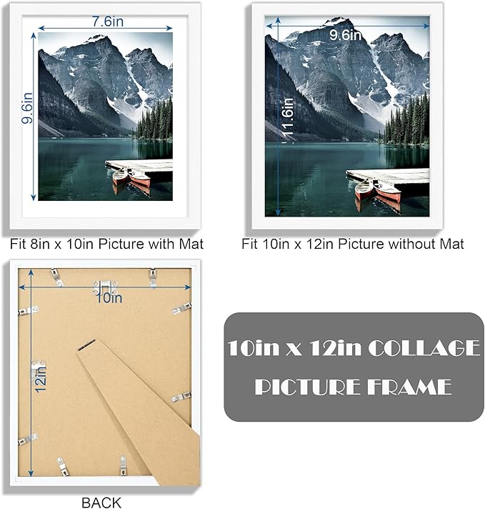 10x12 Picture Frame with Real Glass - Display Pictures 8x10 with Mat or 10 x 12 without Mat, Photo Frame for Wall or Table Top Display(White, 1 Pack)