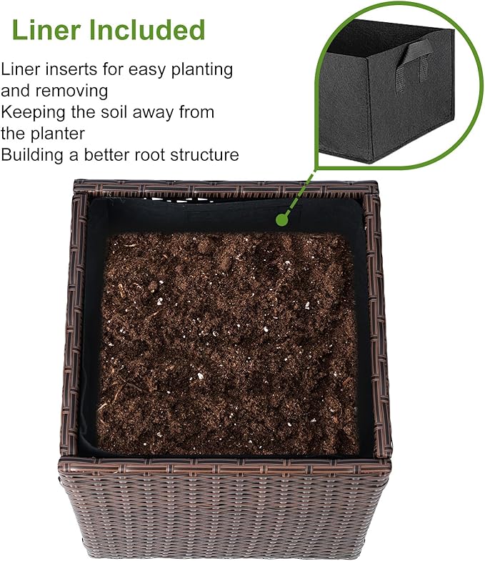 LEWIS&WAYNE Large Square Planter Box Handmade Wicker Tall Planters for Outdoor Plants with Removable Liners Modern Planter for Indoor Outdoor Garden Patio Front Porch - Brown, 17''x17''x18''