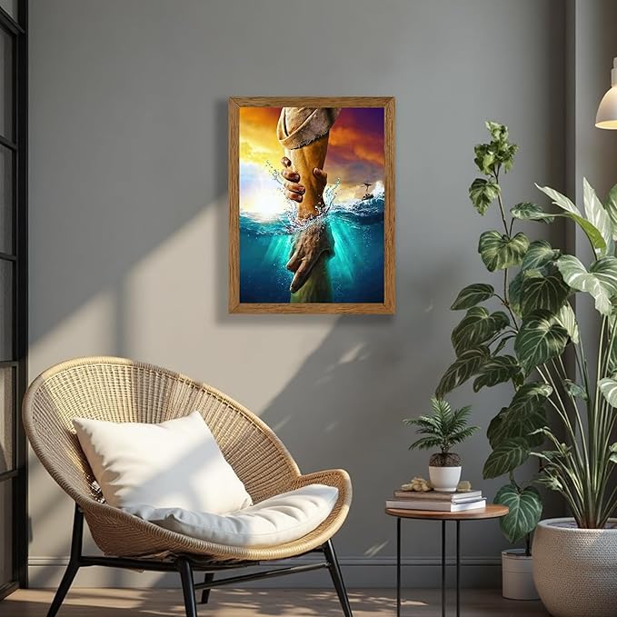 Solid Wood Framed Jesus Christ Canvas Wall Art The Hand of God Jesus Reaching Into Water Christian Painting Prints Biblical Wall Decor Religious Room Decor for Church Prayer Room Schools 12'' x 16''