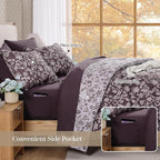 Queen Comforter Set -7 Pieces Floral Dark Purple Comforter Set for All Seasons, Bed in a Bag Queen with Botanical Flowers Comforter, Sheets, Pillowcases & Shams