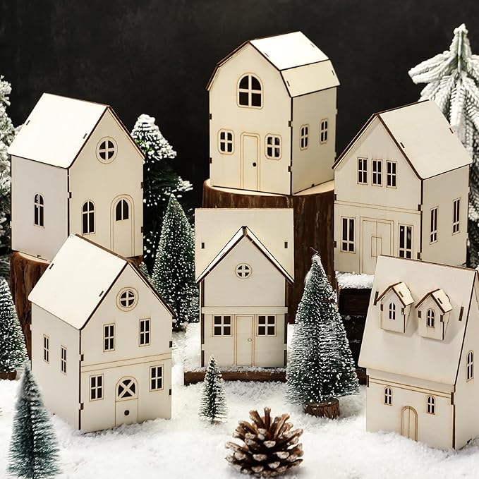 Hiboom 12 Pcs DIY Christmas Village Sets Wood Villa Houses Christmas Mini Wooden House Gift for Winter Xmas Party Decorations