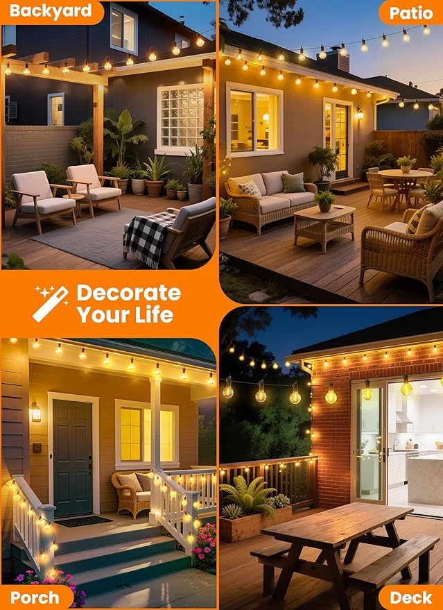 LED Outdoor String Lights, 25FT 12+1 Shatterproof Bulbs Outdoor Patio Lights, IP65 Waterproof Connectable Hanging Outside Light for Backyard, Porch, Deck, Balcony, 2200K