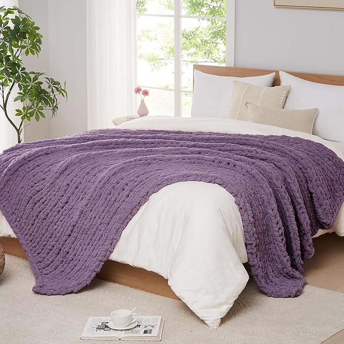 L'AGRATY Chunky Knit Blanket Throw: 50''x60'' Chenille Chunky Knitted Throw Blanket for Bed Couch - Handmade Thick Big Cable Knit Blanket - Large Crochet Rope Blanket for Home Decor(Deep Purple)