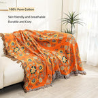 Boho Large Throw Blanket, 100% Organic Cotton Breathable Soft Bed Throw - Floral Farmhouse Decor Blanket for Sofa Couch Chair and Gift. 91" x 98"- Orange