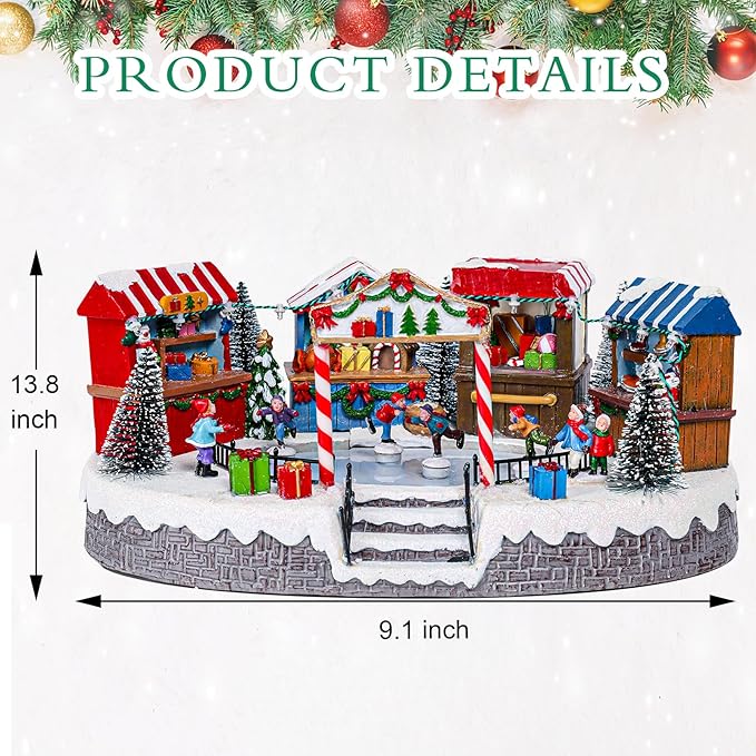 Bdor Christmas Market Village Scene with LED Lights | 8.3 x 5.9 x 5.9 Inches Battery Operated Holiday Decoration with Musical & Animated Market Stalls for Indoor Home Décor