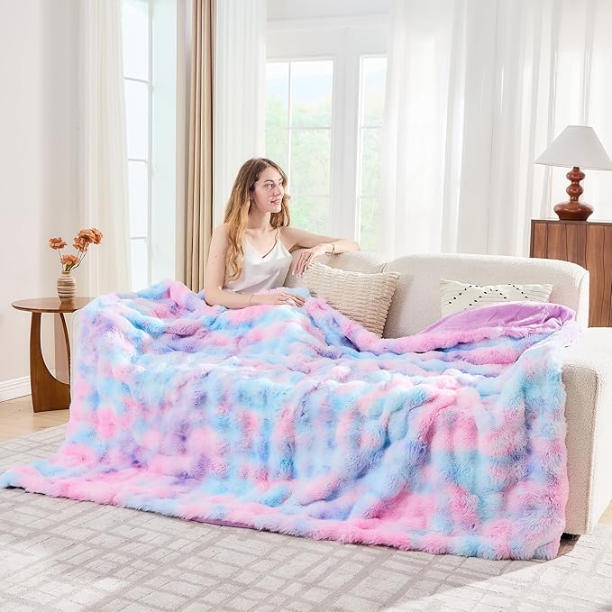 Lotus Karen Faux Fur Throw Blanket Tie-Dye Purple Rainbow - Big Bubble Rabbit Fluff Blanket for Couch, Small Fluffy Fuzzy Cozy Blanket,Thick Furry Plush Shaggy Blankets,60x80 Inches
