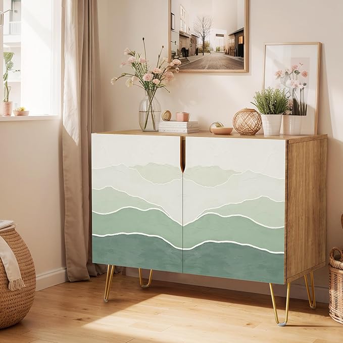 SIGNWIN Sideboard Buffet Cabinet, Kitchen Storage Cabinet with 2 Doors, Green Mountain Range Landscape, Cupboard Console Table for Dining Room - 35" L x 18" W x 29" H