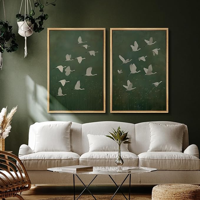 SIGNFORD Framed Canvas Print Wall Art Set Flight of Cranes Elegant Birds in Soft Green Hues Illustration Modern Art Decorative Nordic Nature for Living Room, Bedroom, Office - 24"x36"x2 Natural