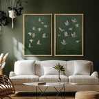 SIGNFORD Framed Canvas Print Wall Art Set Flight of Cranes Elegant Birds in Soft Green Hues Illustration Modern Art Decorative Nordic Nature for Living Room, Bedroom, Office - 16"x24"x2 Natural