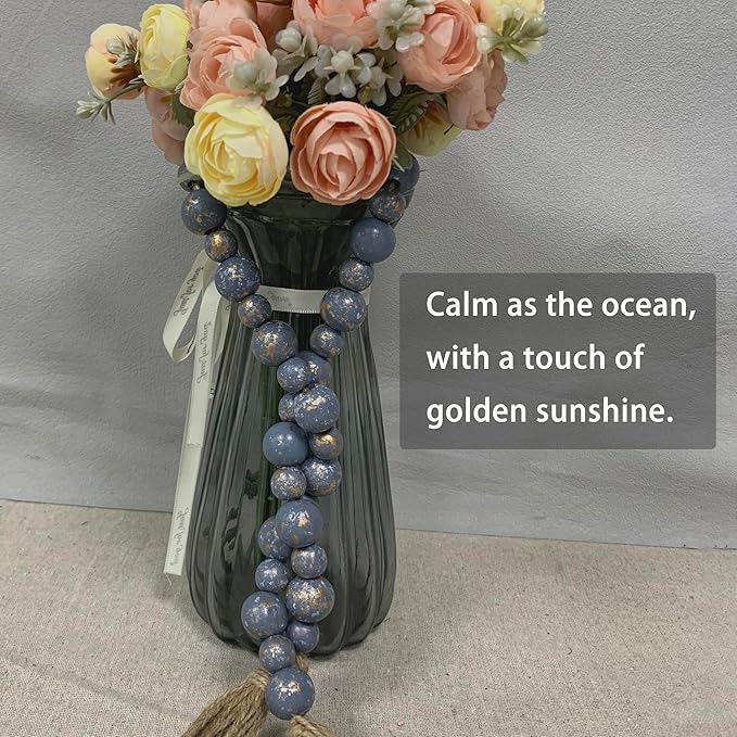 Handcrafted Farmhouse Wooden Decorative Beads Garland, Table Tray Boho Wood Beads with Tassel, Small Rustic Antique Decor for Home and Events (Ocean Mist Gold)