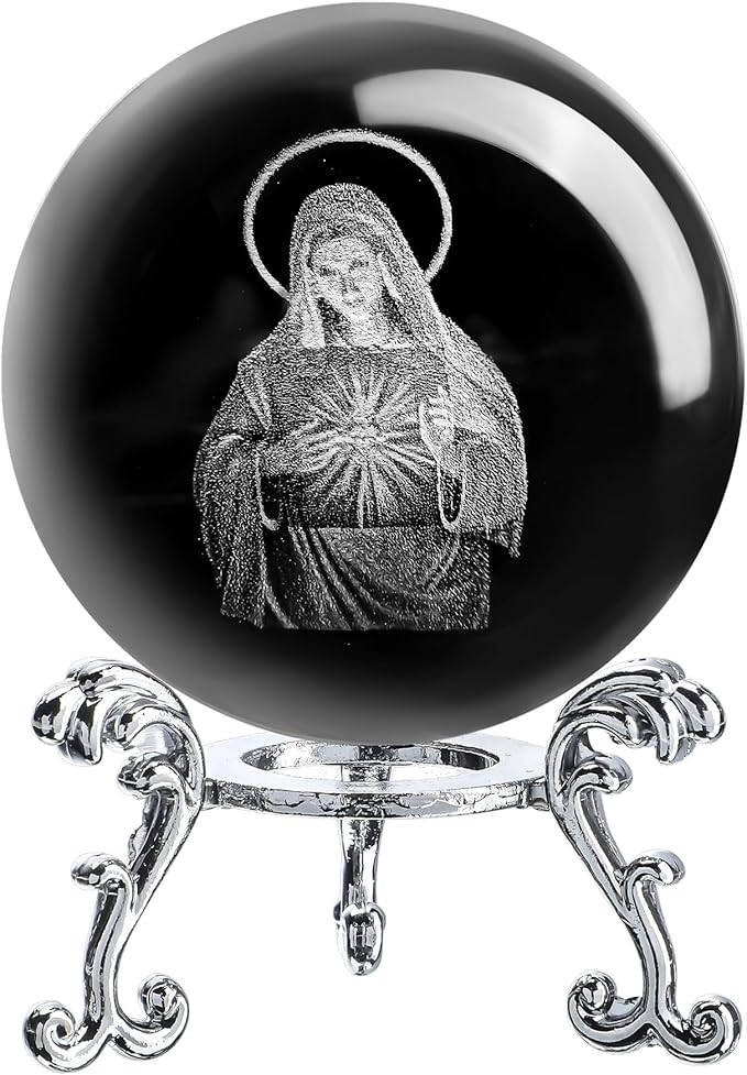 ZEERSHEE 3D The Virgin Mary Holding The Bible Crystal Ball with Stand Blessed Mother Statues Paperweight Christian Catholic Religious Gifts for Women Men