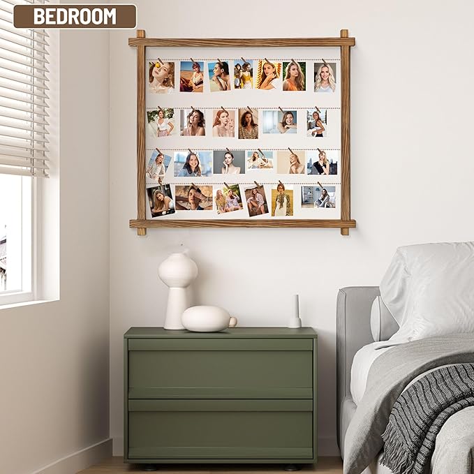 Collage Picture Frame,Photo Display Board,Hanging Pictures Frames with Clips for Graduation Birthday Party,Dorm Photo Card Wall Decor Hanger Holder,Upgraded,Easy To Assemble,Large(Carbonized Brown)