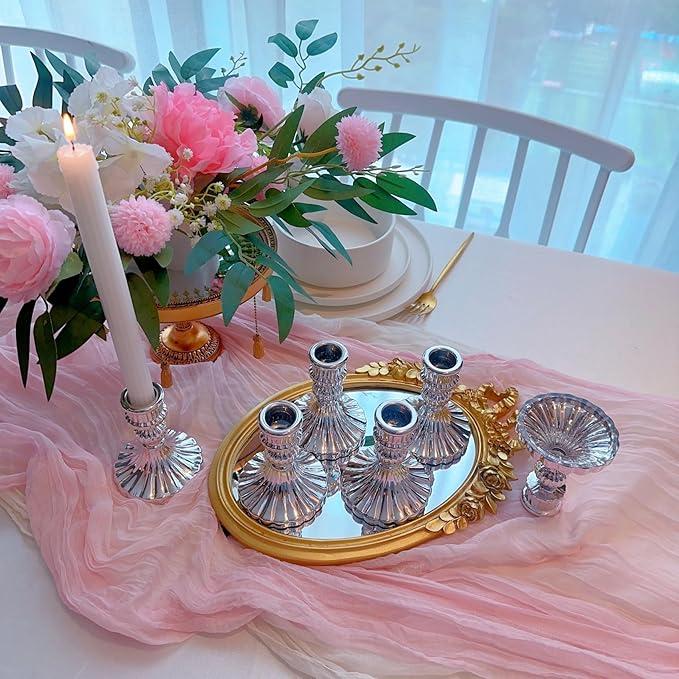 Glass Candlestick Holder,Striped Taper Candle Holders,Set of 6 Candle Stand for Table Centerpieces, Home Decor,Weddings,Festival and Parties (Silver Stripe)