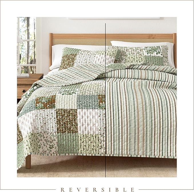 Great Bay Home 3-Piece King/California King Microfiber Quilt Set with Shams - Patchwork Floral Reversible Design - Lightweight, All-Season, Layerable Bedding Set (Floral Grid - Brown)