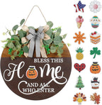 Interchangeable Seasonal Welcome Sign for Front Door, Rustic Round Wood Wreath Wall Hanging Decorations, for Spring Summer Fall Winter All Holiday Halloween Christmas Farmhouse Outdoor Home Decor
