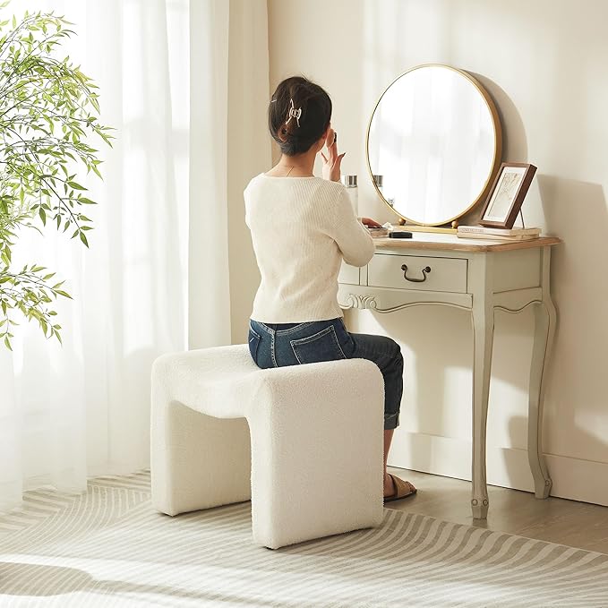 Small Footstool Ottoman Vanity Stool Chair Seating Backless Modern Foot Rest Teddy Velvet Ottoman for Makeup Room Living Room Bedroom Entryway,White (Single 1)