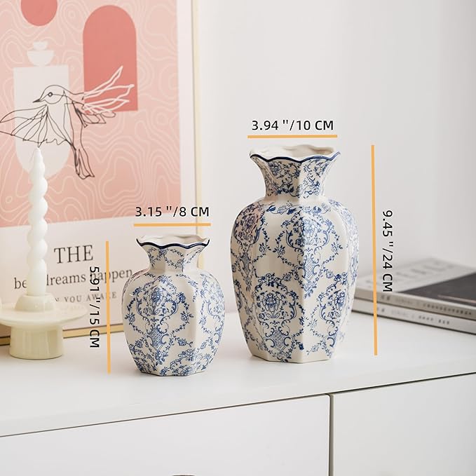 Blue and White Vase, Vintage Blue Ceramic Flower Vessel,Ceramic vases for Home Decor,Vintage Green and Beige for Console Table Mantle Chinoiserie Decor (Blue and White-01, Small)