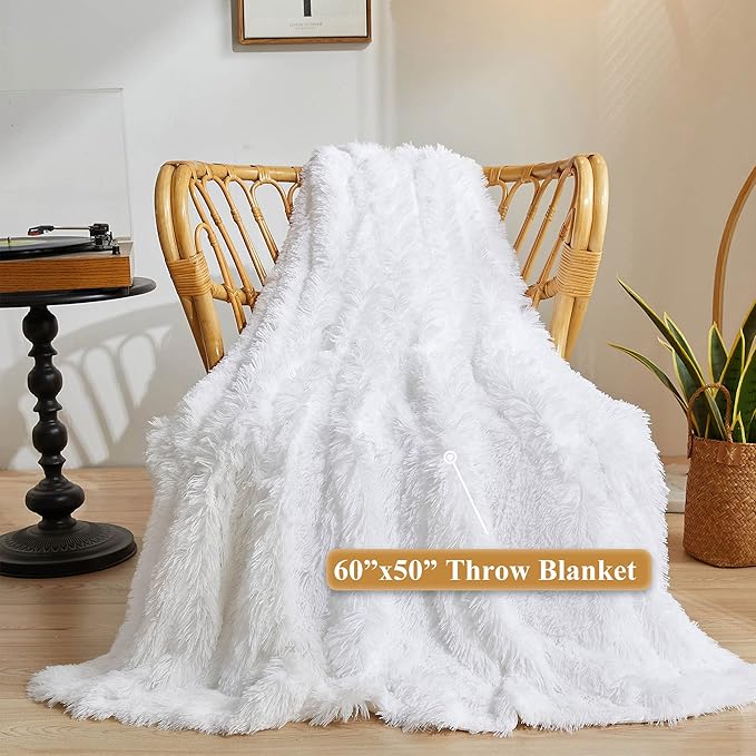 XeGe Luxury Faux Fur Throw Blanket, White Soft 50x60 Fluffy Blanket Throw, Shaggy Plush Decorative Couch Blanket, Cute Furry Throw Holidy Fuzzy Lap Blanket for Kids Women Men Teen Girls White