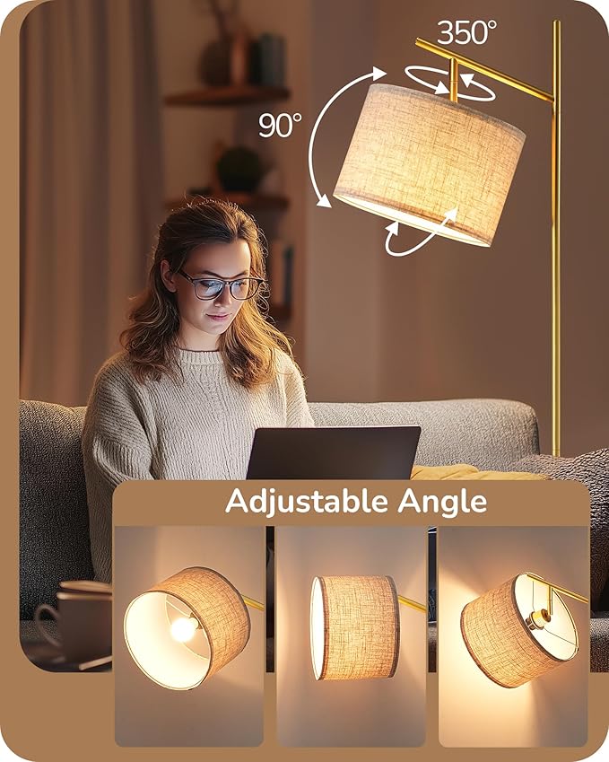 EDISHINE 64.7" Modern Minimalist Floor Lamps for Living Room with 3 Color Temperatures Bulb & Adjustable Linen Shade, Foot Pedal Switch, Tall Standing Lamp for Bedroom Office, Gold