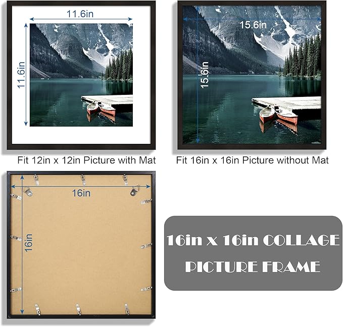 16x16 Square Frame Set of 3 - Display 12x12 Photo with Mat or 16 x 16 Poster without Mat, Wall Mounting Horizontal and Vertical, Black