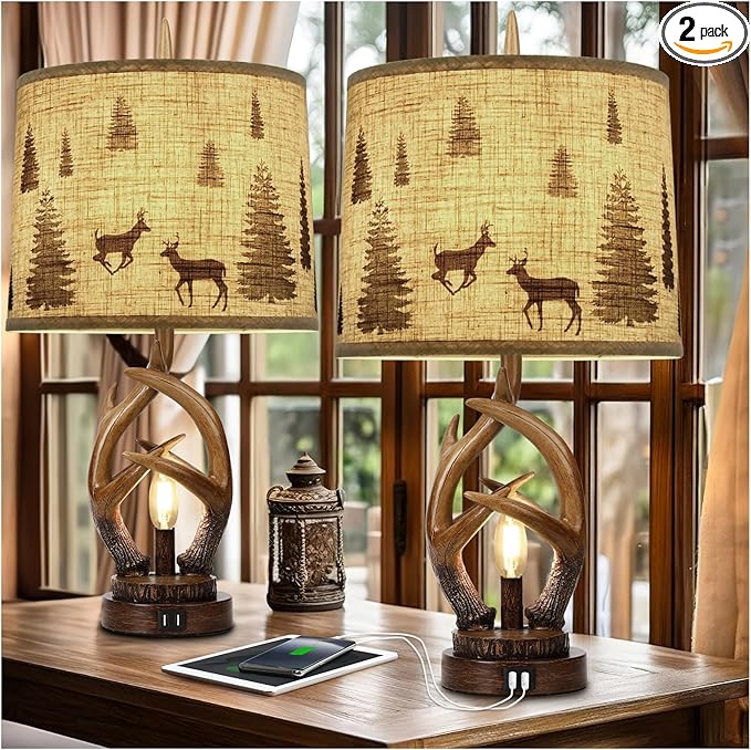 Scenekoy Rustic Farmhouse Antlers Table Lamp Set of 2 with Nightlight Dual USB Ports Linen Fabric Round Shade Bedside Lamp Decor for Living Room Bedroom Office House