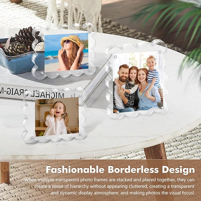 Acrylic Photo Frame 2×3inch - 3Pack Magnetic Picture Frames with 10+10mm Thick Block, Scalloped Edge Design, Double-Sided Magnet Frames for Modern Desktop Display (Clear, 2x3)