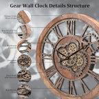 HOIBAI Large Wall Clock, Wall Clocks for Living Room Decor 20 Inch Farmhouse Vintage Rustic Kitchen Wall Decor Vintage Roman Oversized Wall Clock for Home Bedroom House, Moving Gears Clock