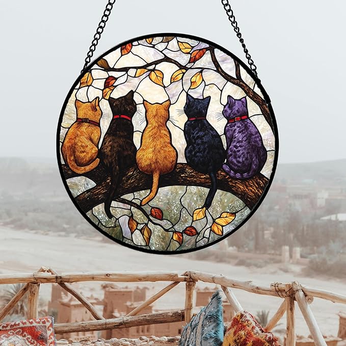 Stained Glass Window Hanging - 5 Cats on a Branch Suncatcher for Window Doors Home Decoration and Christmas, Mother's Day Father's Day Birthday Gifts for Women, Men, and Mom 14.9x14.9 in
