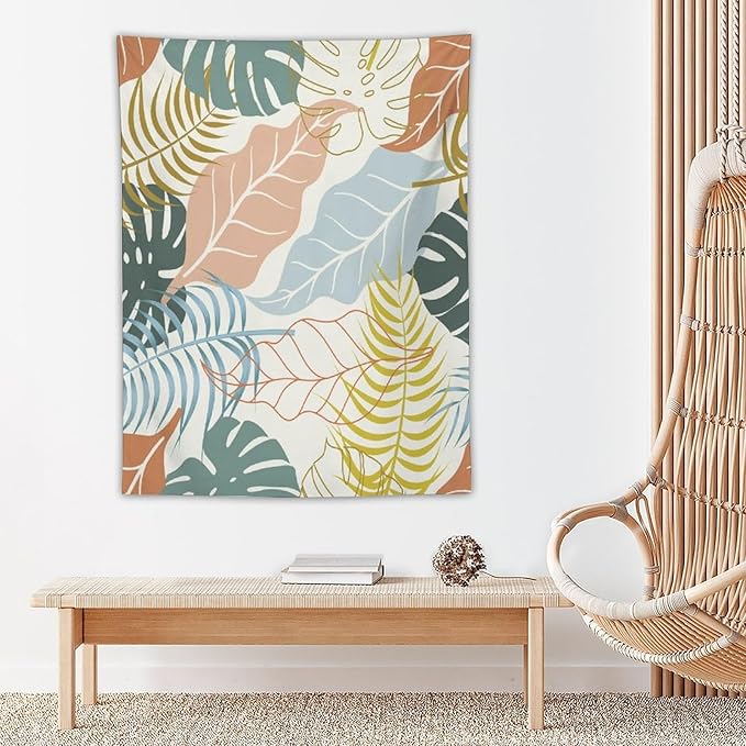 ICMOLYYENLO Boho Green Leaves Tapestry, Mid Century Abstract Tropical Palm Leaves Modern Minimalist Geometric Wall Hanging, Neutral Home Decor Art for Living Room Bedroom Dorm 60x60 Inch