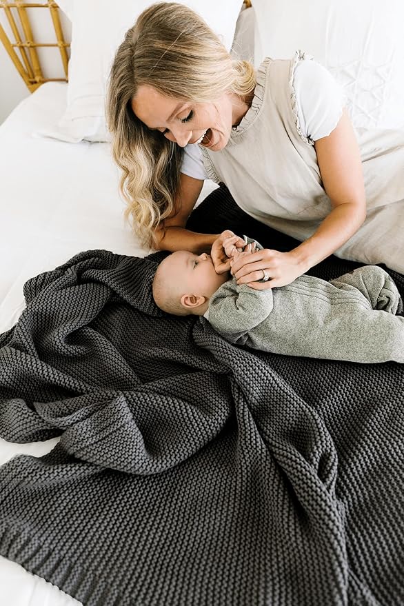 MakeMake Organics Organic Throw Blanket GOTS Certified Organic Cotton Blanket Knit Couch Bed Fall Colors Soft Neutral Cotton Throw Blanket Large (50x60, Charcoal Grey)