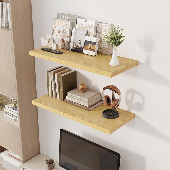 32" Floating Shelves for Wall, 12" Deep Slim Oak Floating Shelves, Wall-Mounted Shelves for Bedroom, Living Room, Kitchen, Bathroom - Set of 2