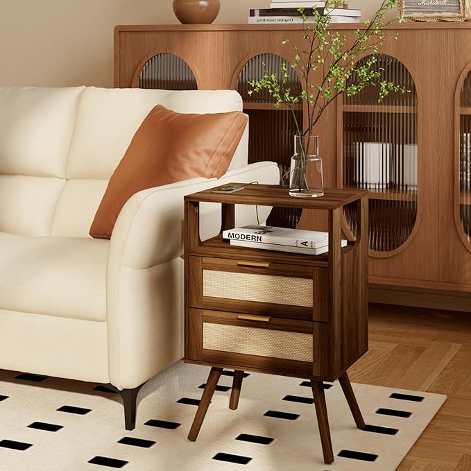 Rattan Nightstand with Charging Station,Farmhouse Bedside Table with 2 Storage Drawer and Open Wood Shelf, for Bedroom and Small Spaces,Night Stand with Solid Wood Legs (Walnut Brown-Outlet)