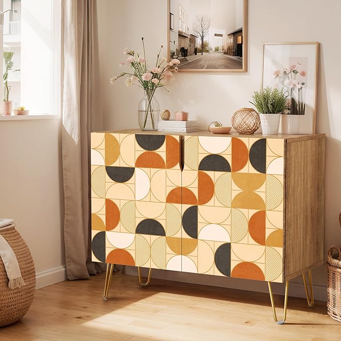 SIGNWIN Sideboard Buffet Cabinet, Kitchen Storage Cabinet with 2 Doors, Tan Brown Polygonstric, Cupboard Console Table for Dining Room - 35" L x 18" W x 29" H