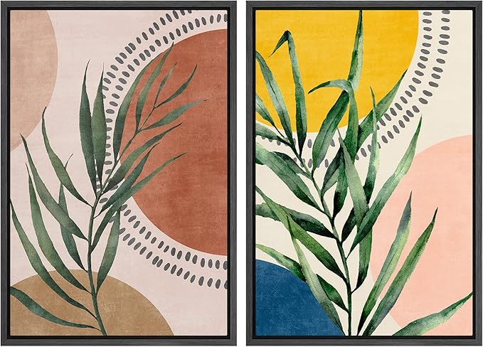 SIGNFORD Framed Canvas Print Wall Art Set Geometric Mid-Century Circle Plants Abstract Shapes Illustrations Modern Art Decorative Zen Bohemian for Living Room, Bedroom, Office - 16"x24"x2 Black