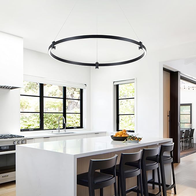 LED Black Chandeliers Modern Pendant Light, 40W Dimmable,1 Rings Dimmable Chandelier Lighting Fixture for Living Room Bedroom Kitchen Island Resturant Dining Room 3000K-6000K