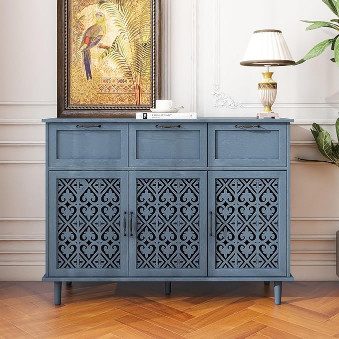 Sideboard Buffet Cabinet with Storage - Accent Storage Cabinet with Hollow Carved Pattern, Modern 3 Door 3 Drawer Farmhouse Wood Credenza for Living Room, Dining Room (Blue)