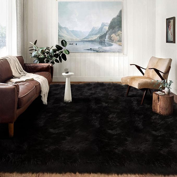 Latepis 9 x 12 Area Rug for Living Room Black Fur Faux Sheepskin Fluffy Rug for Bedroom Big Shag Carpet for Living Room Shaggy Rugs Rectangle