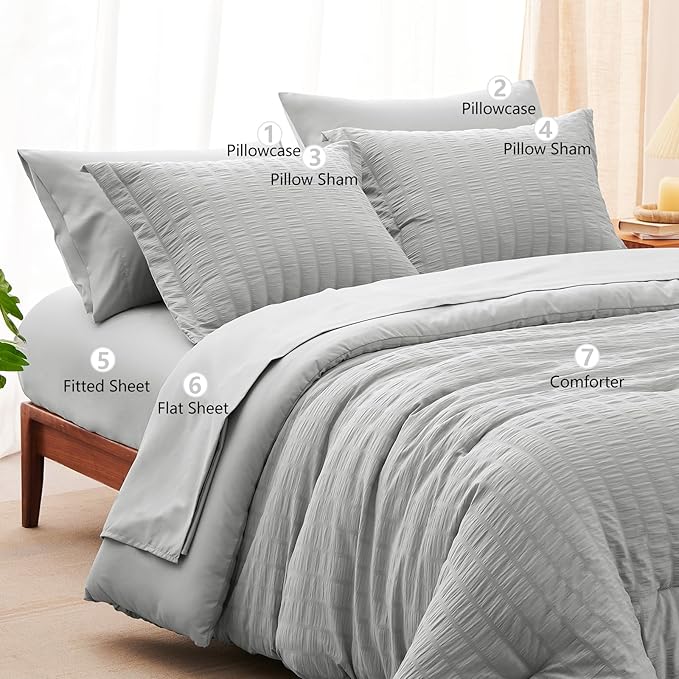 CozyLux Queen Comforter Set Light Grey Seersucker 7 Pieces Bed in a Bag Queen Comforter Set with Sheets Luxury Soft Bedding Set with Down Alternative Comforter, Sheets, Pillowcases & Shams All Seasons