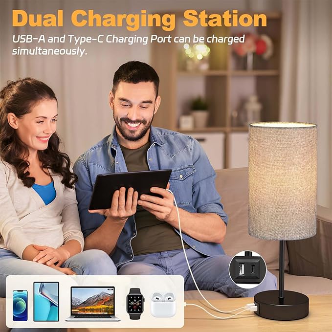 AKASUKI Table Lamp for Bedroom, 3 Way Dimmable Touch Lamp with Dual Charging Station, Small Bedside Lamps for Night Stands, Living Room, Office(LED Bulb Included)