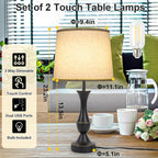 Touch Lamps for Bedrooms Set of 2, Farmhouse Table Lamp with USB C Charging Port, 3 Way Dimmable Nightstand Lamps with Linen Fabric Lampshade for Bedroom, Living Room (Pack2-Black)