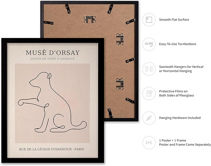 Poster Master Vintage Poster - Retro One Line Dog Drawing Print - Dog Art - Minimal Gift for Men, Women, Animal Lover - Abstract Wall Decor for Home, Office, Bedroom, 16x20 Black Framed