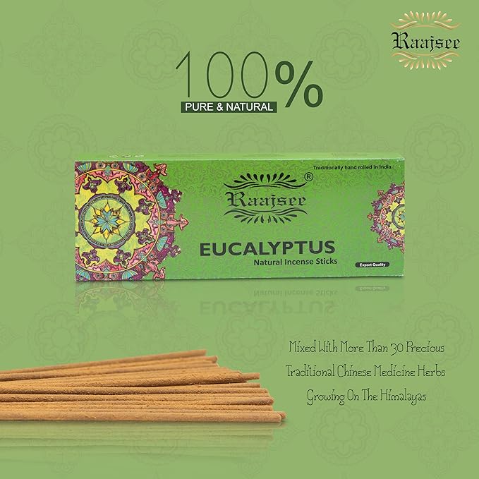 Raajsee Incense Sticks Eucalyptus 100 gm Pack-100% Pure Organic Natural Hand Rolled Free from Chemicals-Perfect for Church, Aromatherapy,Relaxation,Meditation,Positivity & Sensual Therapy