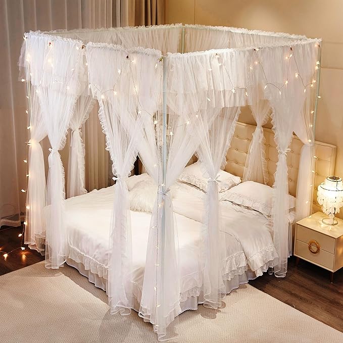 4 Corners Post Princess Curtains Bed Canopy for Girls 8 Panels Curtain- Double Layer Sheer Mesh Canopies Drapes Girls Room Decor (8P-White/White, 4P(33"x82") W+4P(43"x82") L/(Queen))
