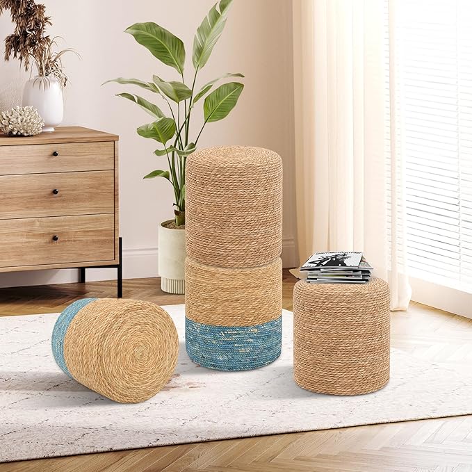 Pouf Ottomans, Handwoven Natural Straw Footstool, Round Braided Outdoor Patio Stool with Wood Frame, Boho Decor Accent Seat Balcony, or Garden (Blue)