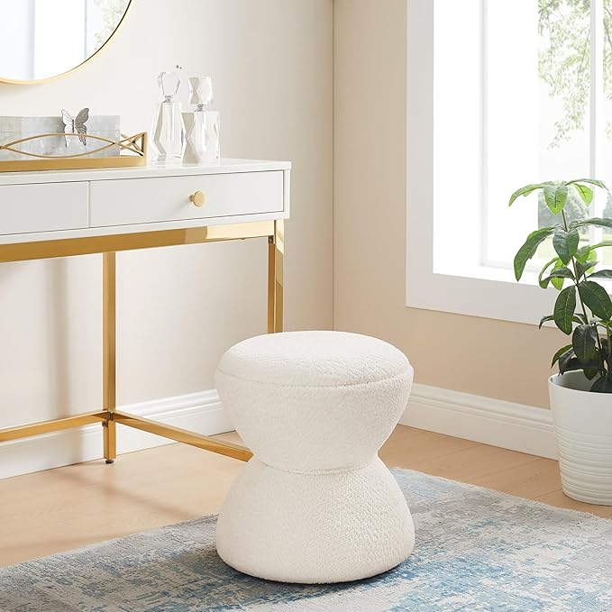 VANOMi Multi-Functional Boucle Ottoman, Vanity Stool Chair, Sturdy Wooden Footstool, Suitable for Living Room, Bedroom, and Entryway, Without Installation, White