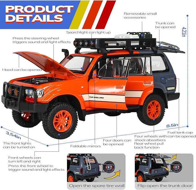 Toy Cars for Boys Diecast Cars 1 24 Scale Compatible with Land Cruiser LC80 Car Model Collectible,Pull Back Toy Car with Lights and Sounds,Toy Cars for Boys Age 4-7（Orange）